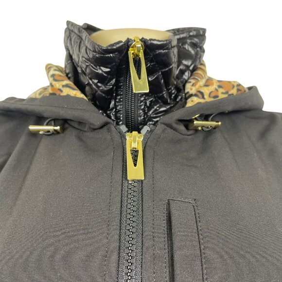 Via Spiga Black Quilted Hooded Coat With Golden Detail & Leopard Lining Szize S - Picture 8 of 13